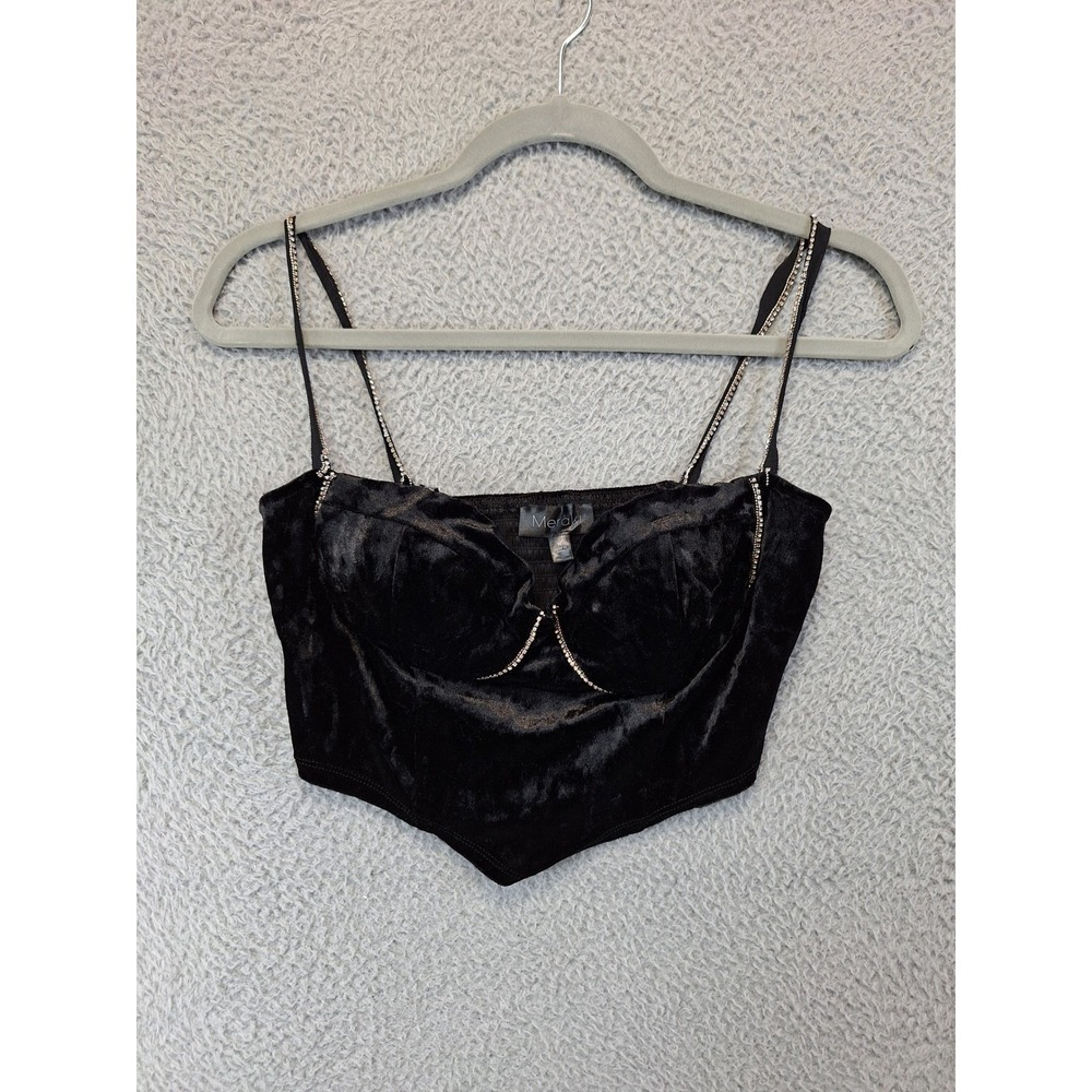 Meraki Black Velvet Style Rhinestone Corset Crop Top Bustier Size M Feminine